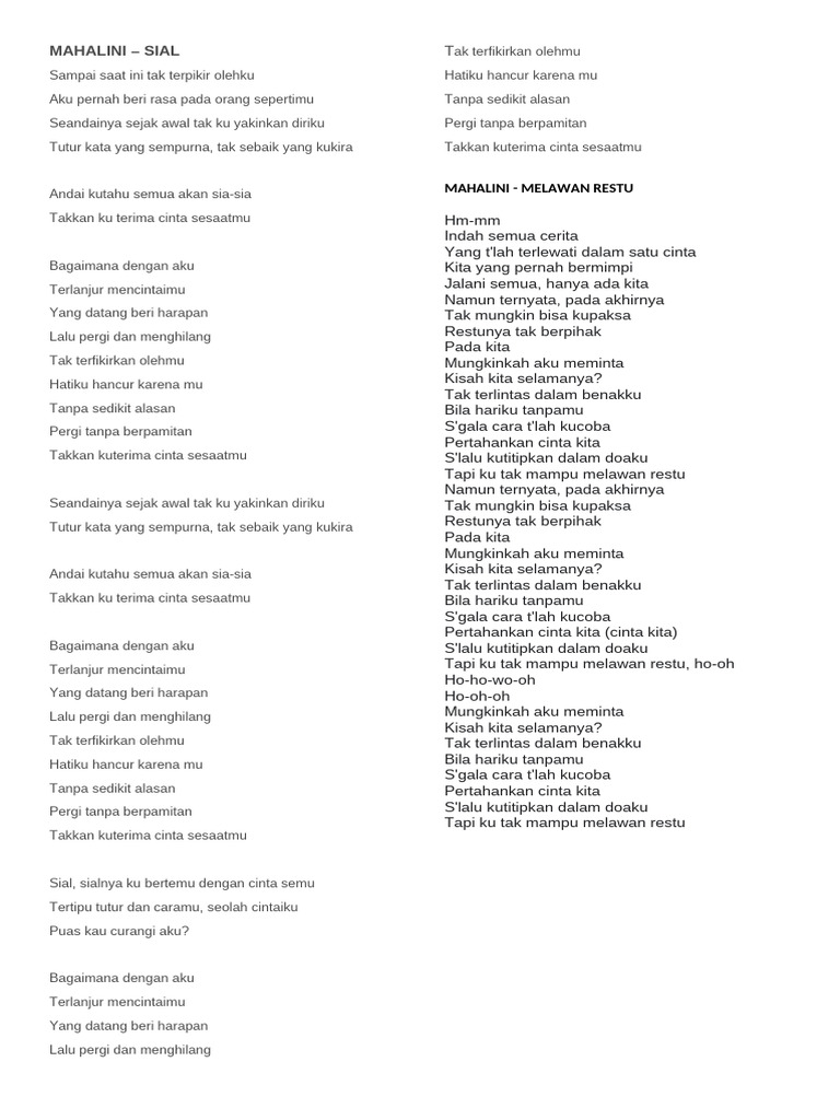 Lirik Lagu Cinta dan Kehilangan | PDF