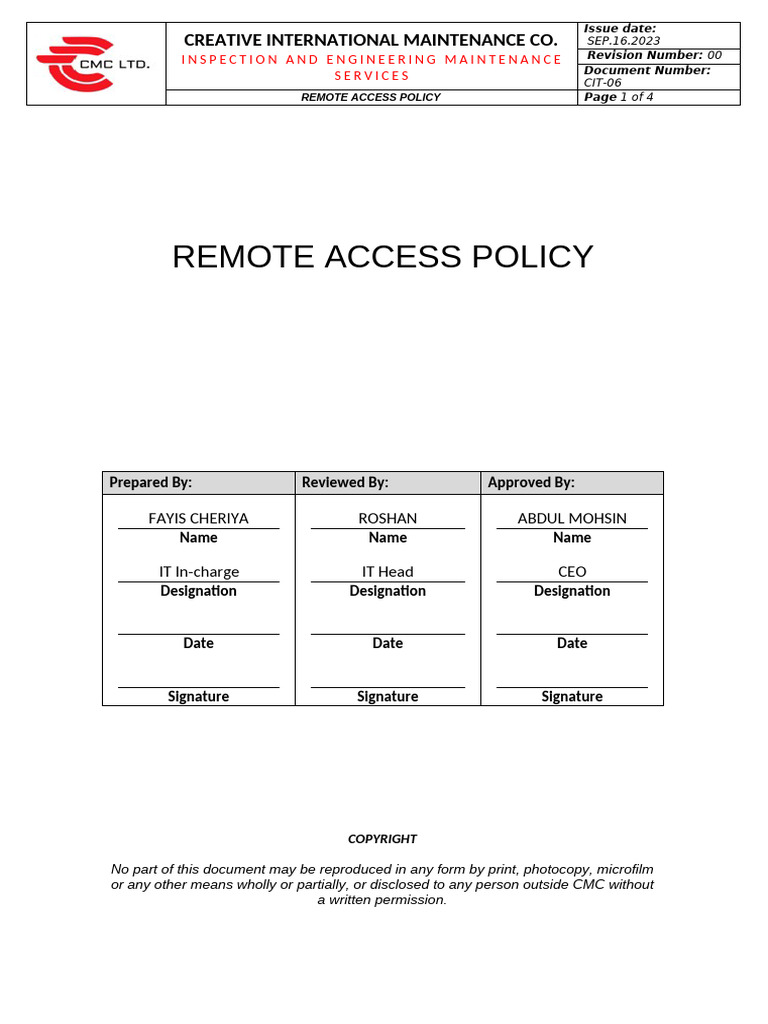 CMC Remote Access Policy Overview PDF Modem Digital Subscriber Line