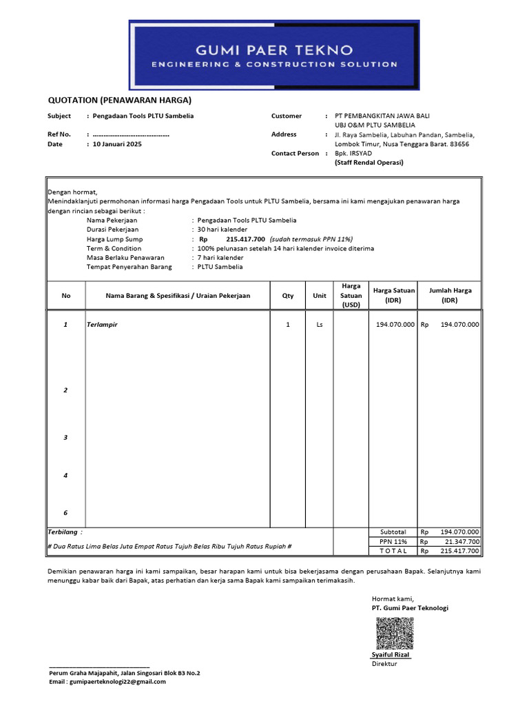 Quotation Tools List PLTU Sambelia | PDF