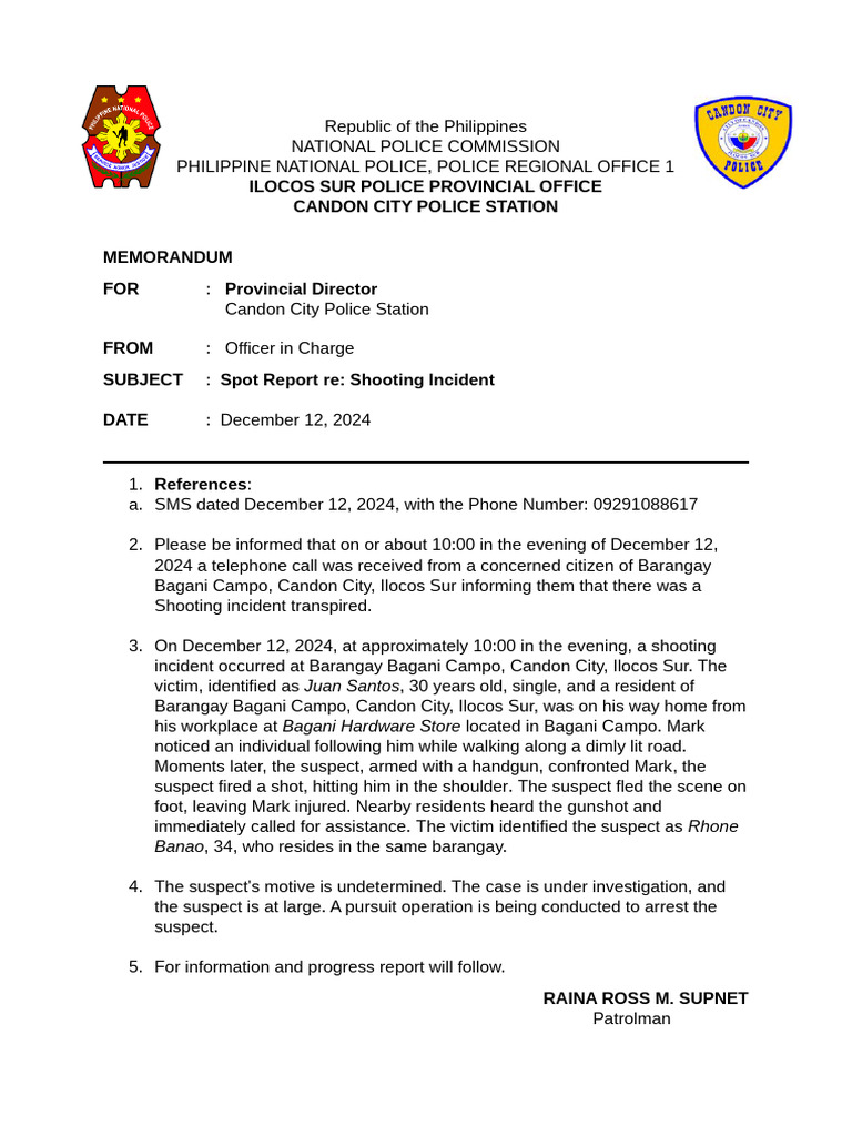 Candon City Shooting Incident Report | PDF | Law Enforcement | Crime ...