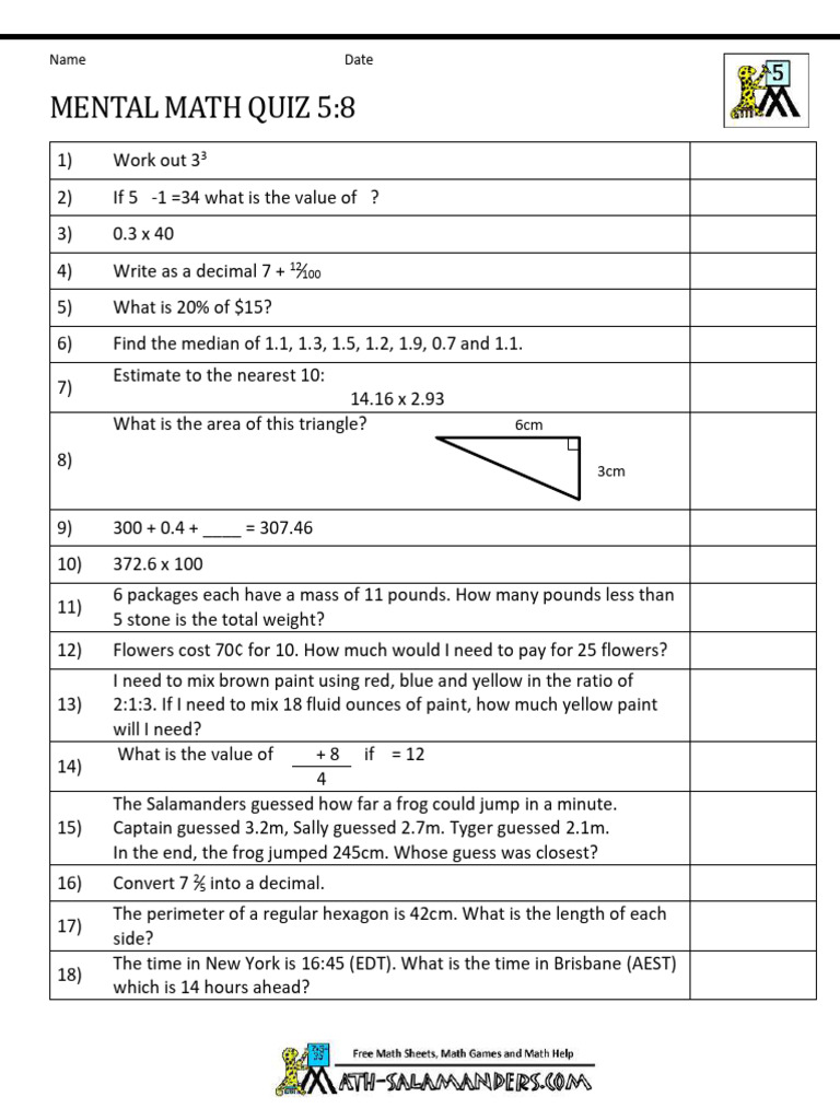 Mental Math Quiz 5:8 with Answers | PDF | Units Of Measurement