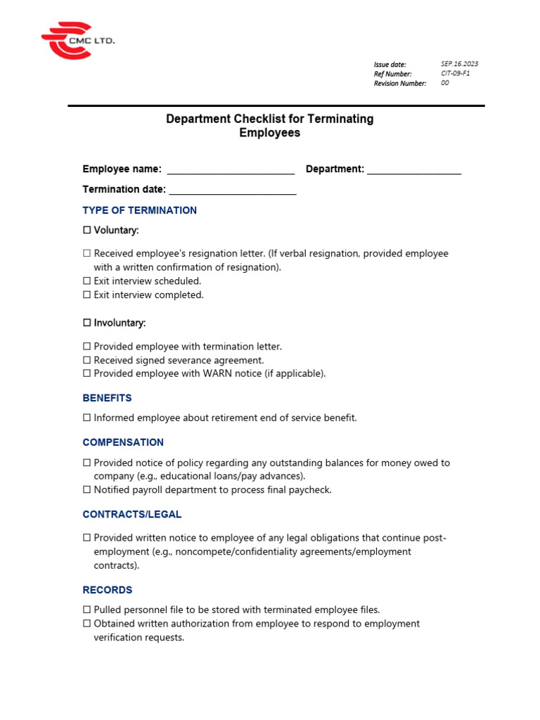 Employee Termination Checklist Template | PDF | Employment | Business