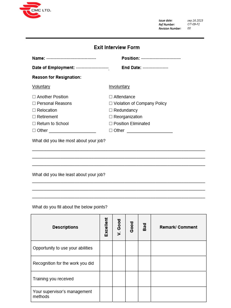 CIT-09-F2 Exit Interview Form | PDF | Labor