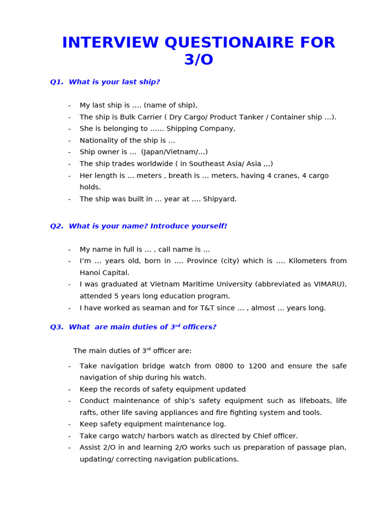 3rd Officer Interview Questionnaire Guide | PDF | Shipping | Water ...