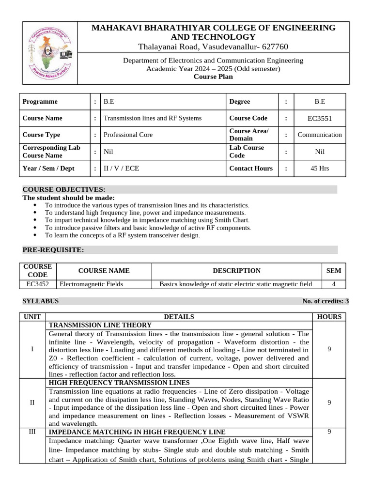 Transmission Lines and RF Systems Syllabus | PDF | Transmission Line ...