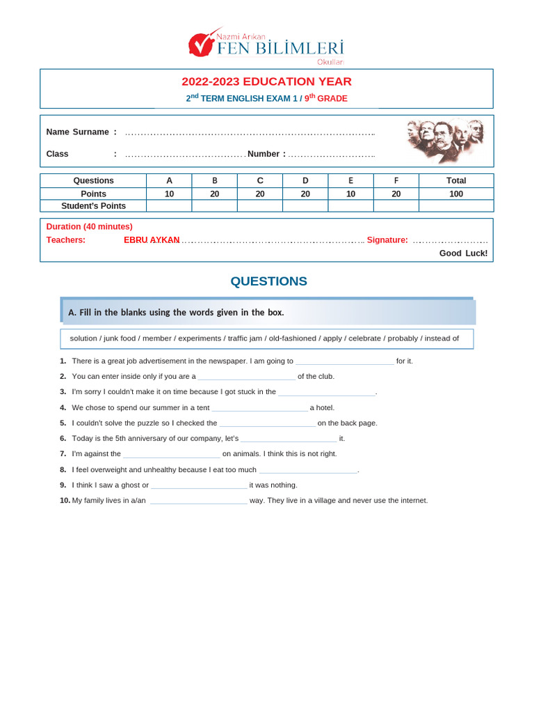 9th Grade English Exam 2nd Term 2023 | PDF