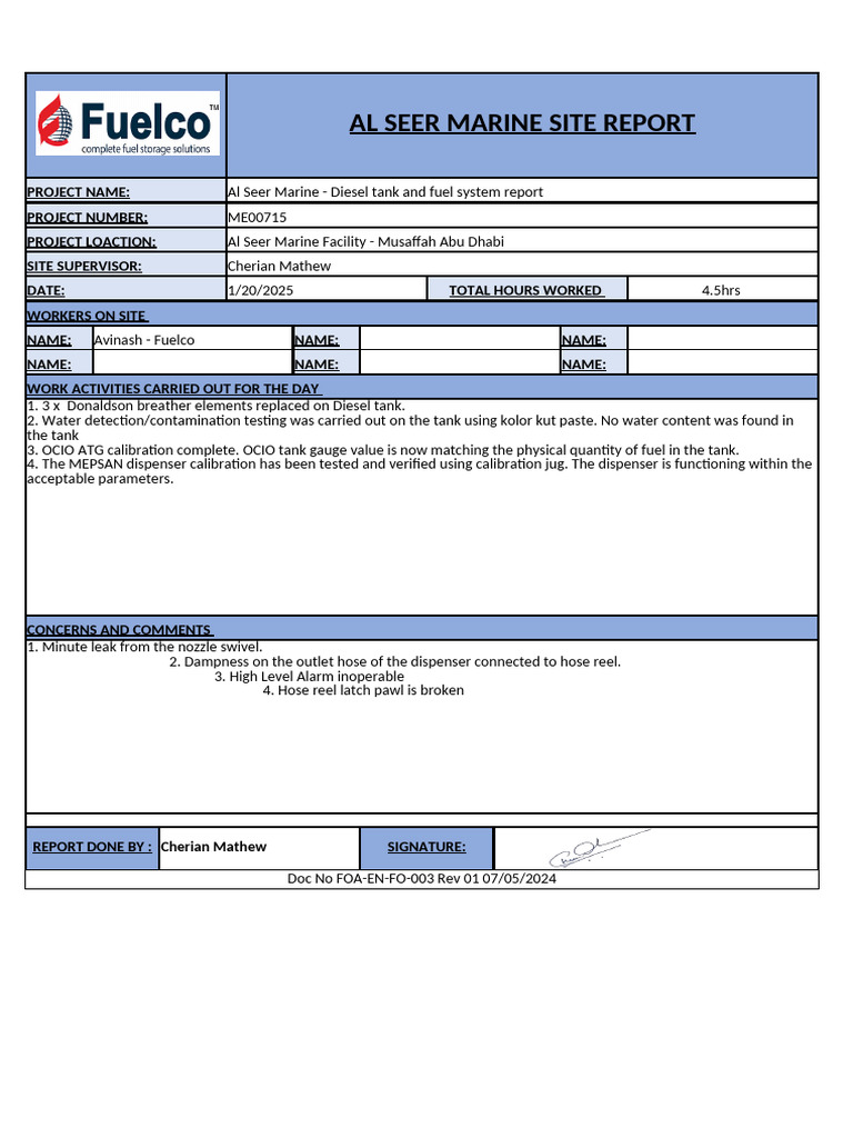 Foa-En-fo-003 - Site Report Al Seer Marine - Diesel Tank | PDF