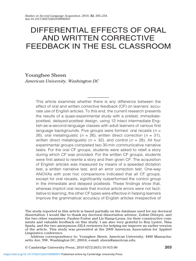 Differential Effects of Oral and Written Corrective Feedback in The Esl ...