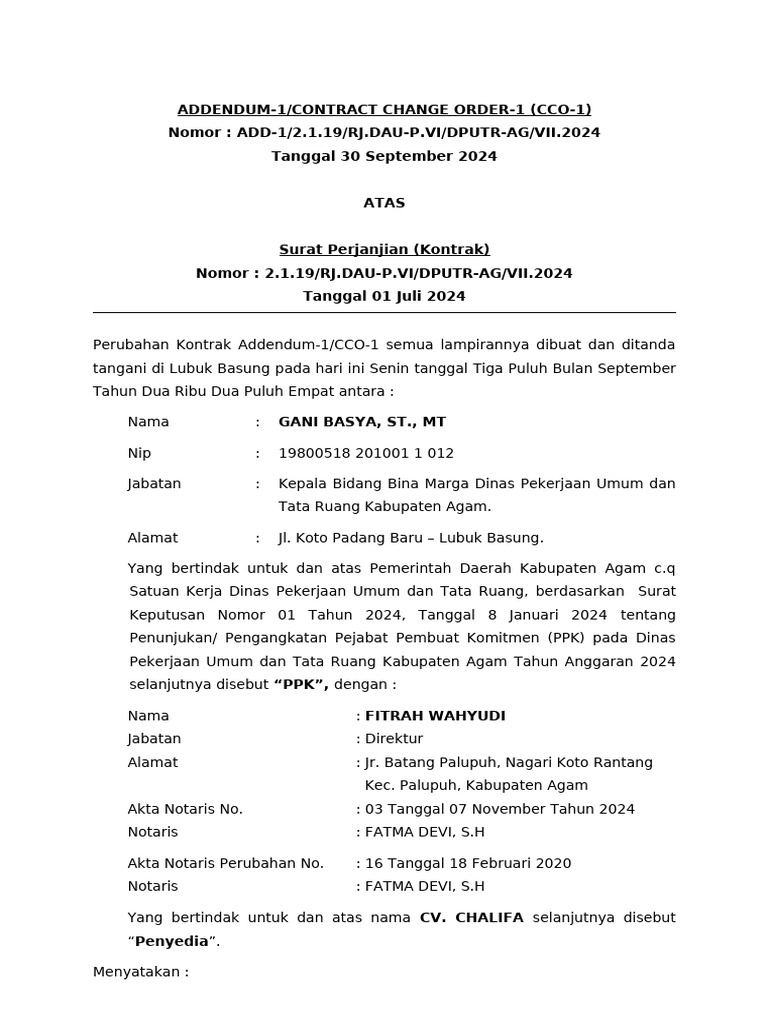 Perubahan Kontrak Addendum-1 CCO-1 2024 | PDF