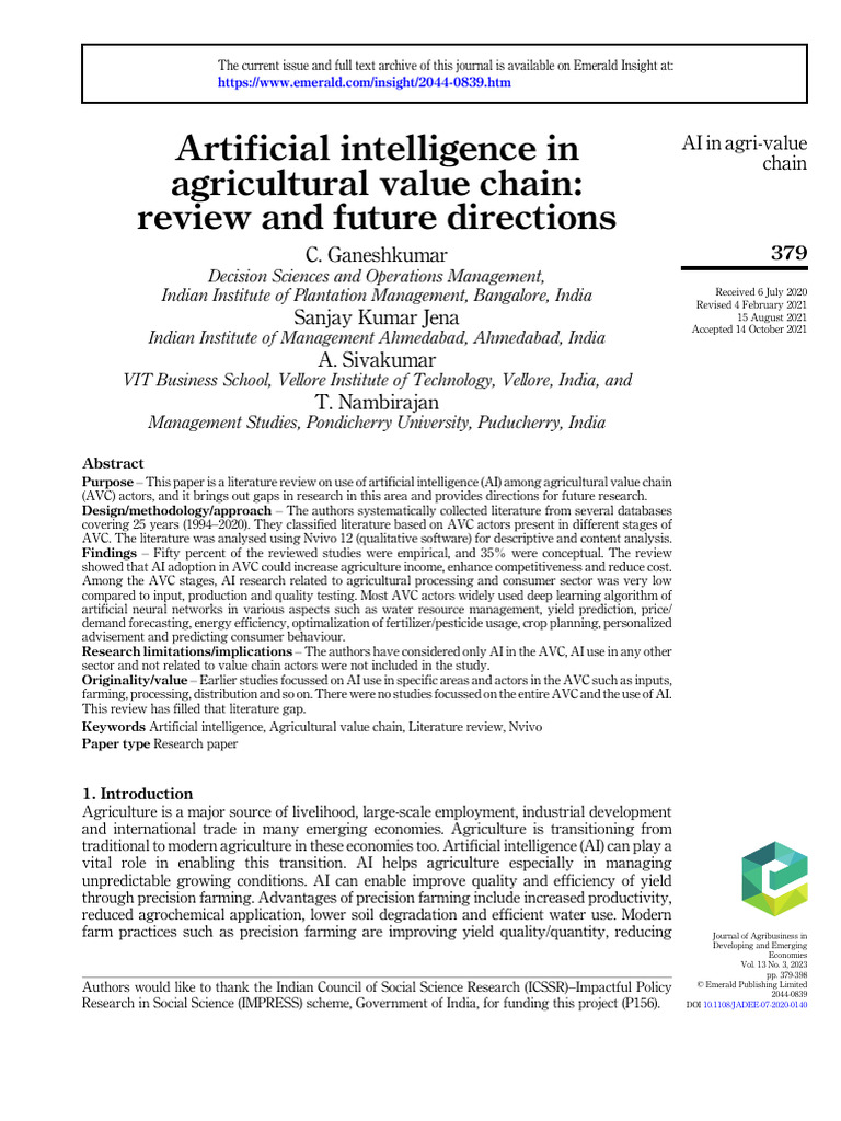 AI in Agricultural Value Chain Review | PDF | Agriculture | Artificial ...