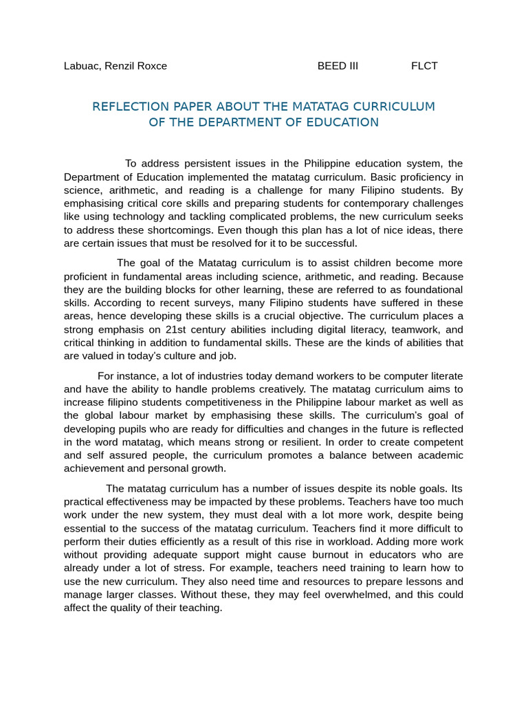 Matatag Curriculum Reflection Paper | PDF | Teachers | Curriculum