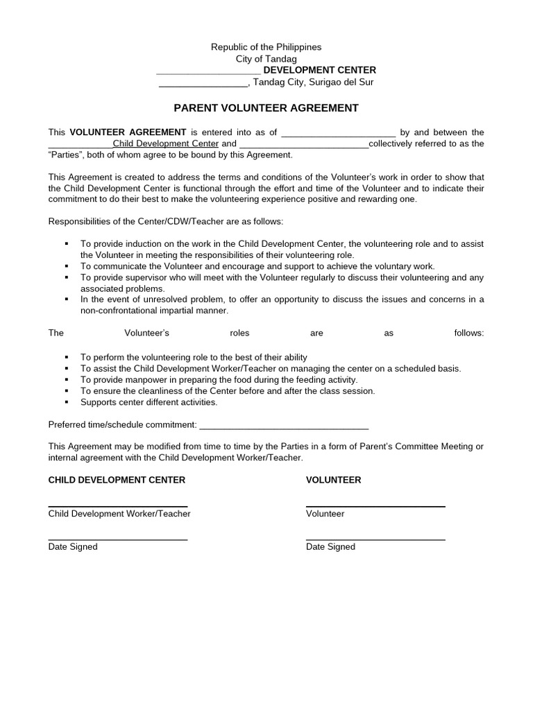 Parent Volunteer Agreement Template | PDF | Volunteering | Child ...