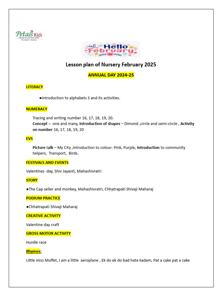 Nursery Lesson Plan February 2025 PDF
