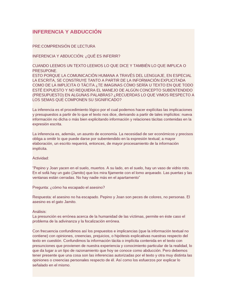 Inferencia y Abducción en Lectura | PDF | Razonamiento deductivo ...