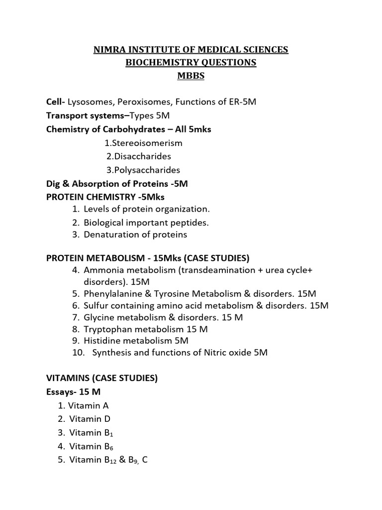 Biochemistry Exam Questions for MBBS | PDF