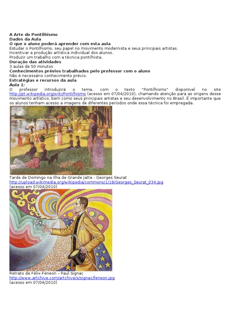 Aula de Arte: Explorando o Pontilhismo | PDF | Pinturas | Lição
