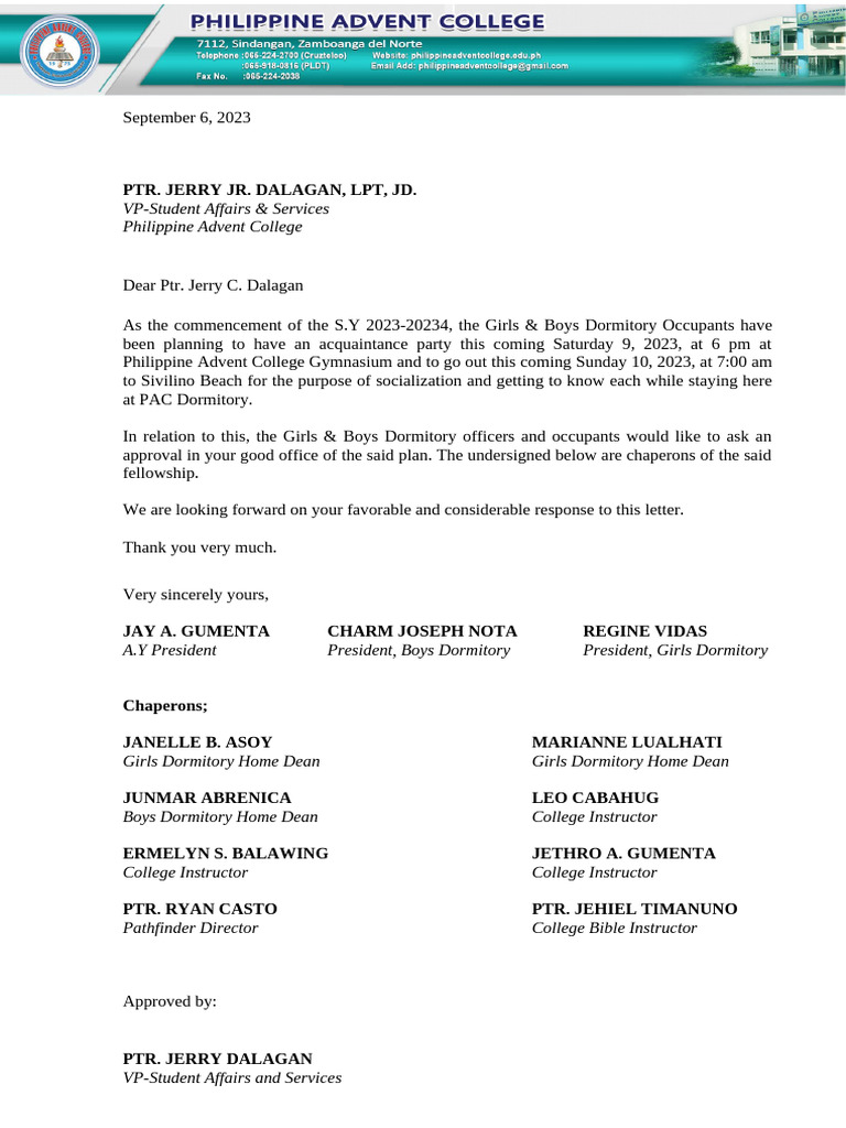 Dormitory Acquaintance Party Approval Request | PDF