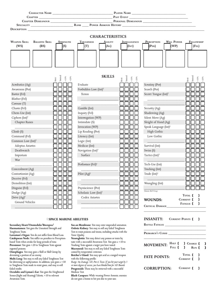 Deathwatch Character Printable Fillable | PDF