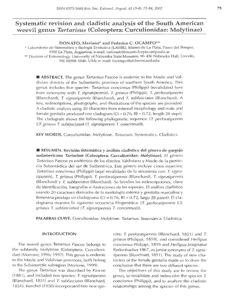 Systematic Revision and Cladistic Analysis of The South American Weevil ...