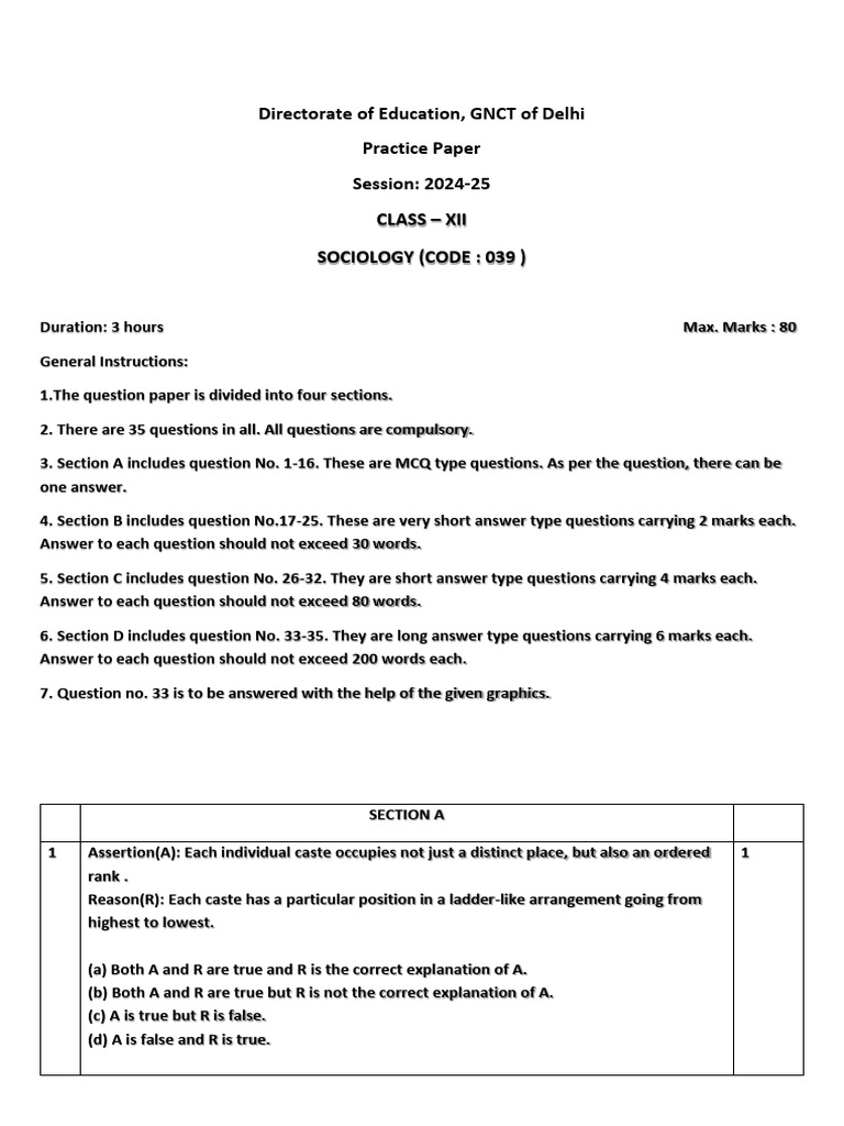 Class XII Sociology Practice Paper 2024-25 | PDF | Prejudices | Social ...