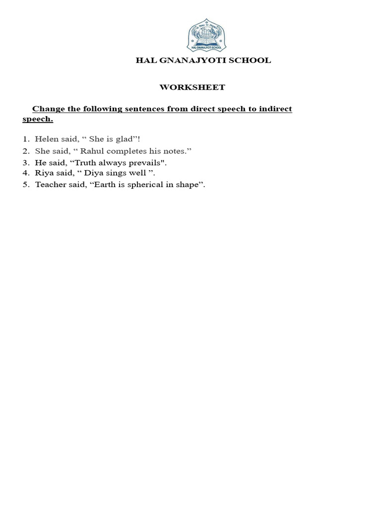 Grade 4 Direct to Indirect Speech Worksheet | PDF