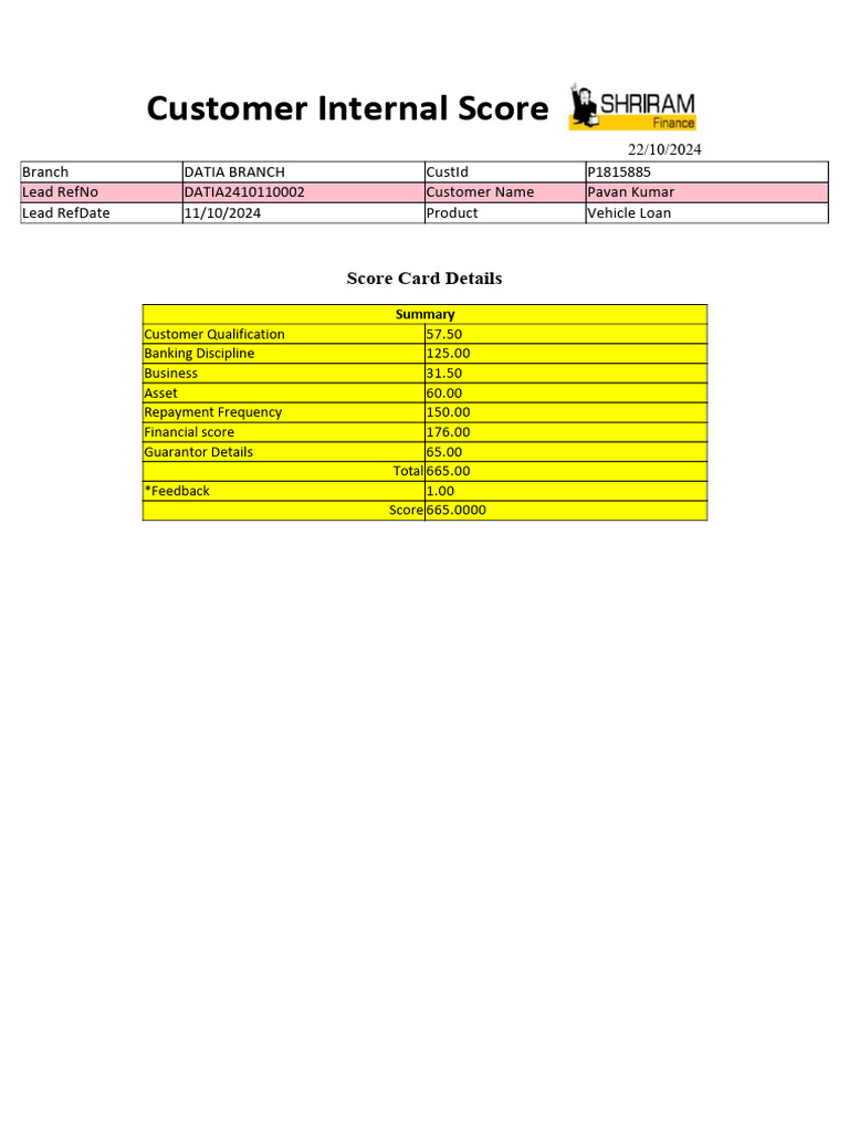 Vehicle Loan Customer Score Summary | PDF