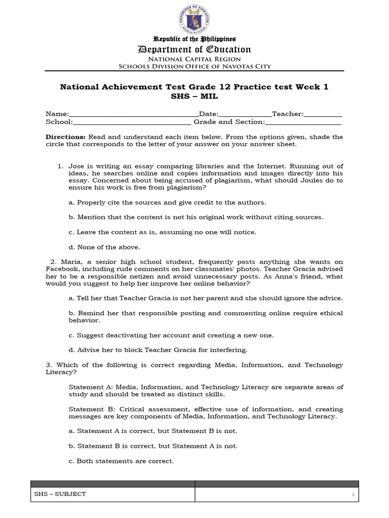 Grade 12 National Achievement Test Practice | PDF | Massive Open Online ...