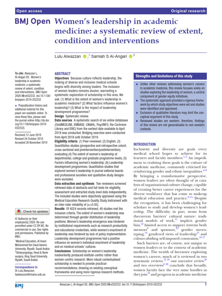 Women's Leadership in Academic Medicine | PDF | Leadership | Systematic ...