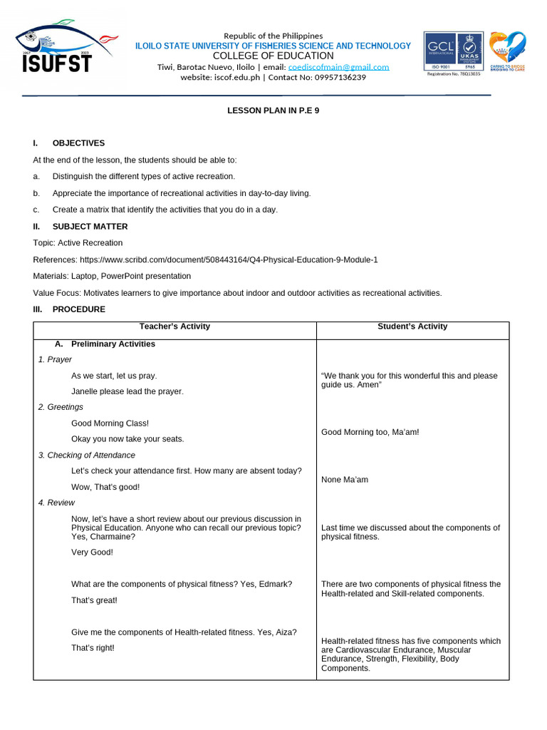 Lesson Plan: Active Recreation in PE 9 | PDF | Recreation | Outdoor ...