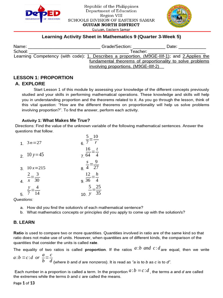 Proportions in Mathematics 9 Activities | PDF