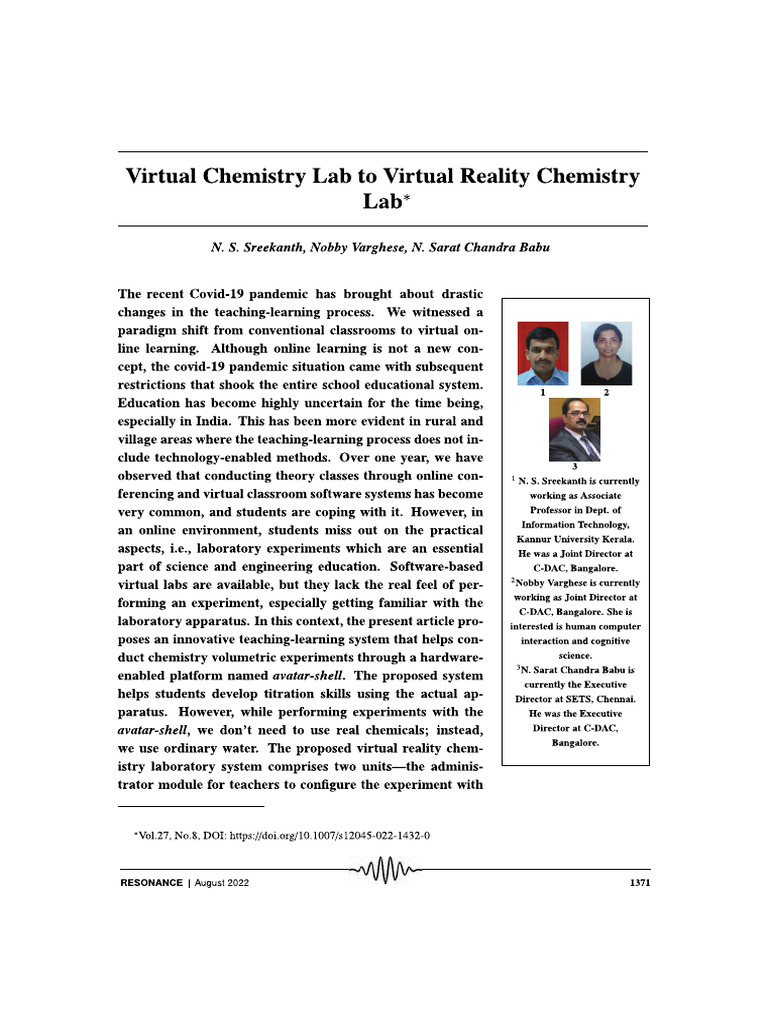 Virtual Chemistry Lab to Virtual Reality | PDF