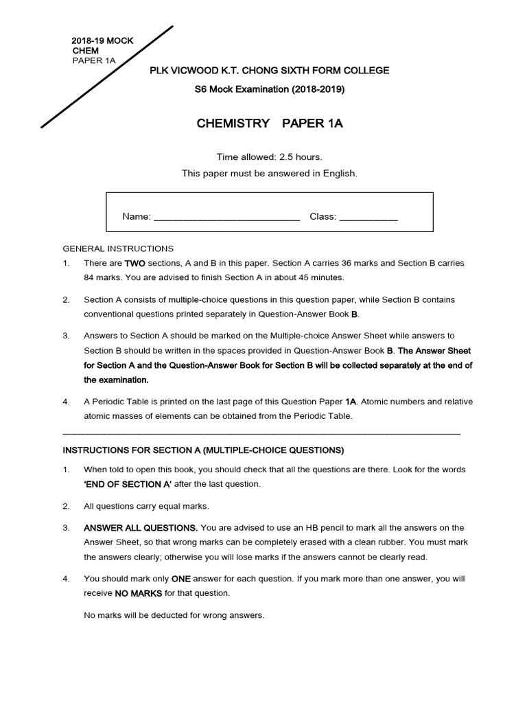 S6 Chemistry Mock Exam Paper 1A | PDF | Chemical Reactions | Acid