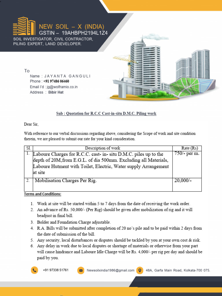 Quotation for D.M.C. Piling Work in India | PDF