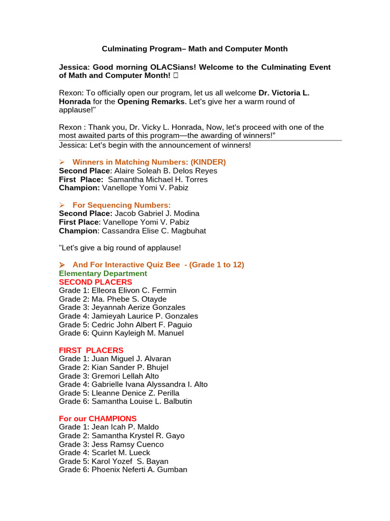 Math & Computer Month Winners | PDF