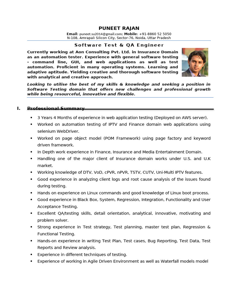 Software Test Engineer Resume - Puneet Rajan | PDF | Selenium (Software ...