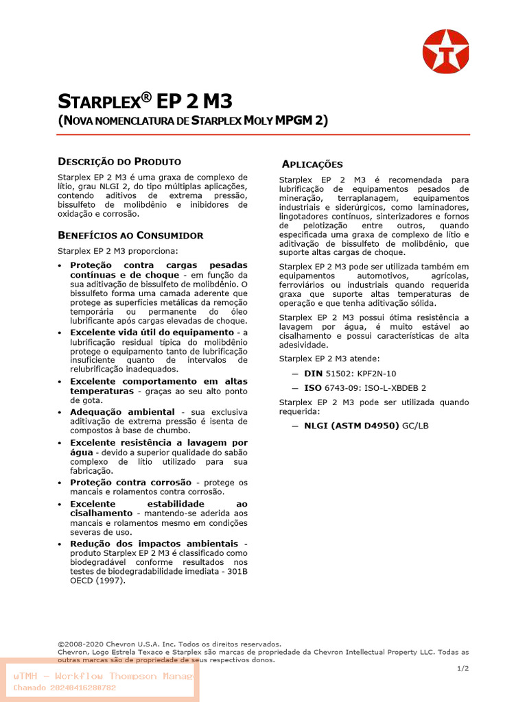 Ficha Técnica Starplex EP 2 M3 | PDF | Molibdênio | Lítio