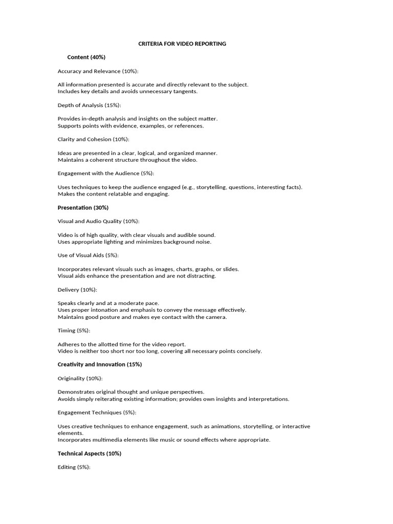Video Reporting Criteria Guide | PDF | Multimedia | Cognition