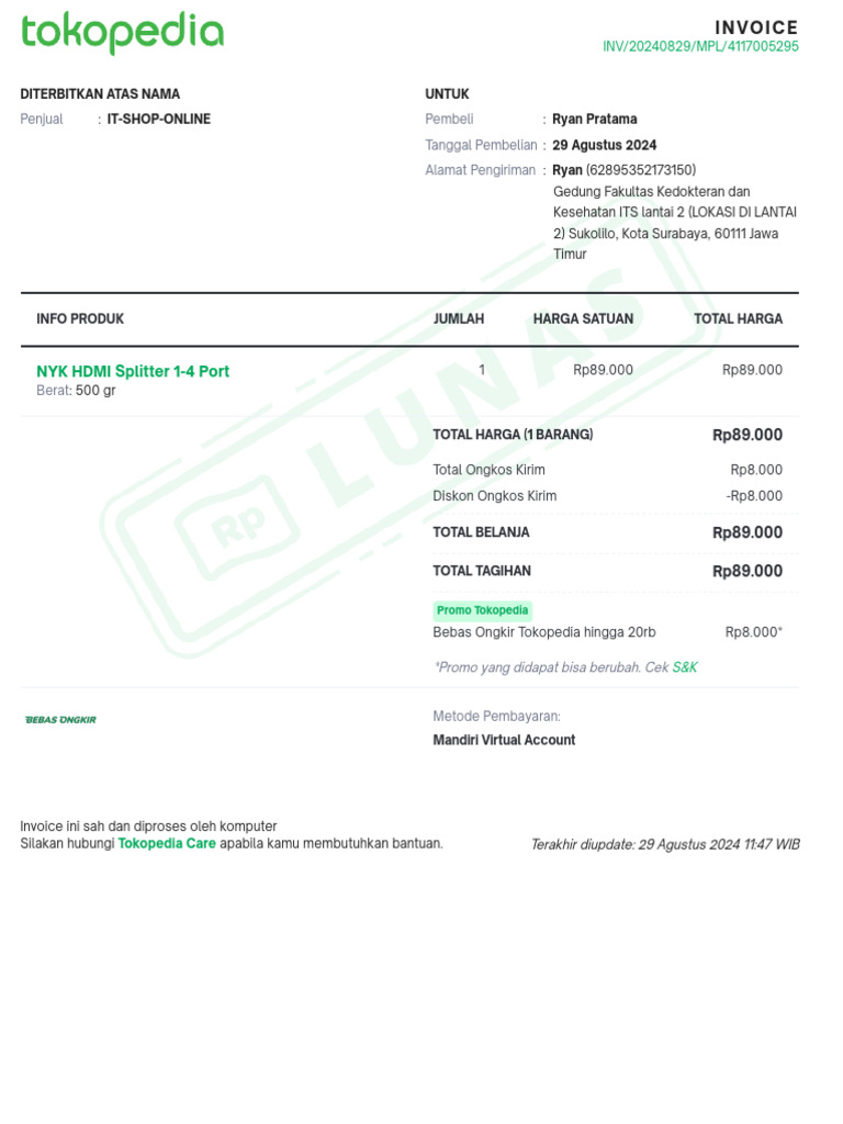 Invoice Pembelian HDMI Splitter Ryan | PDF