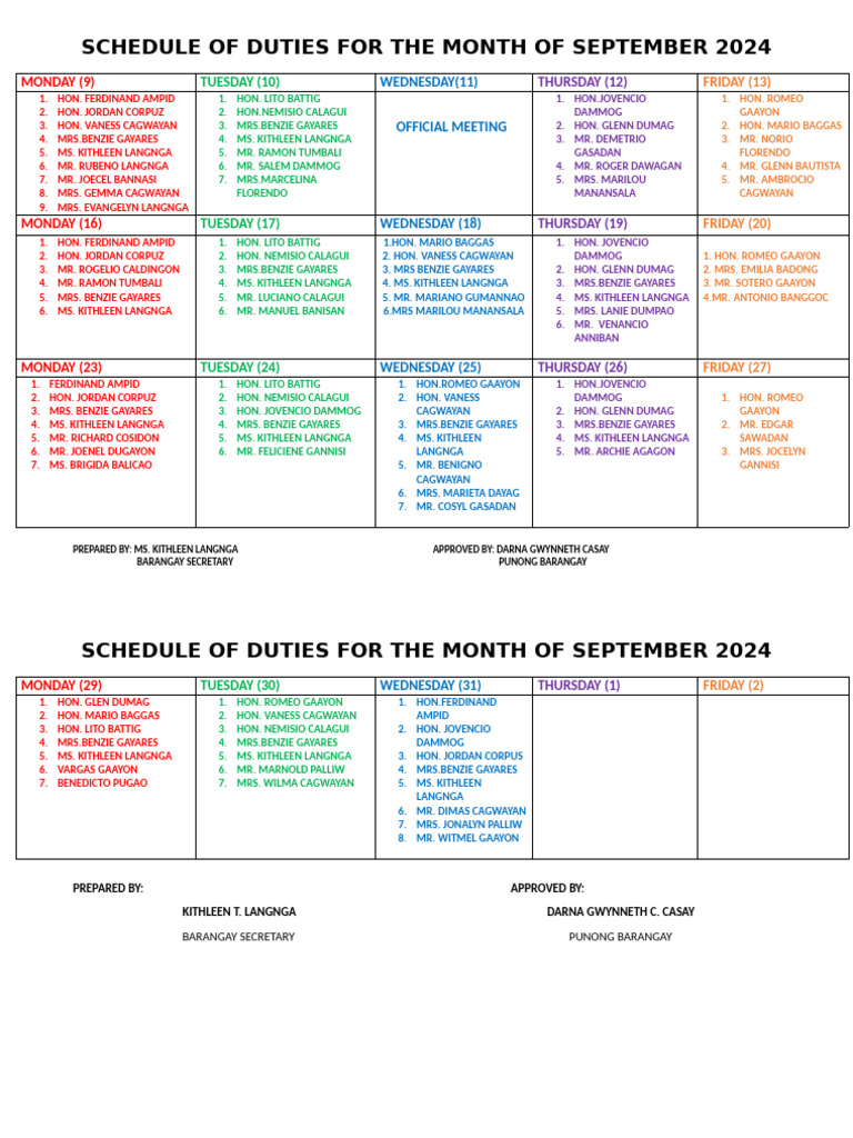 September 2024 Duties Schedule | PDF