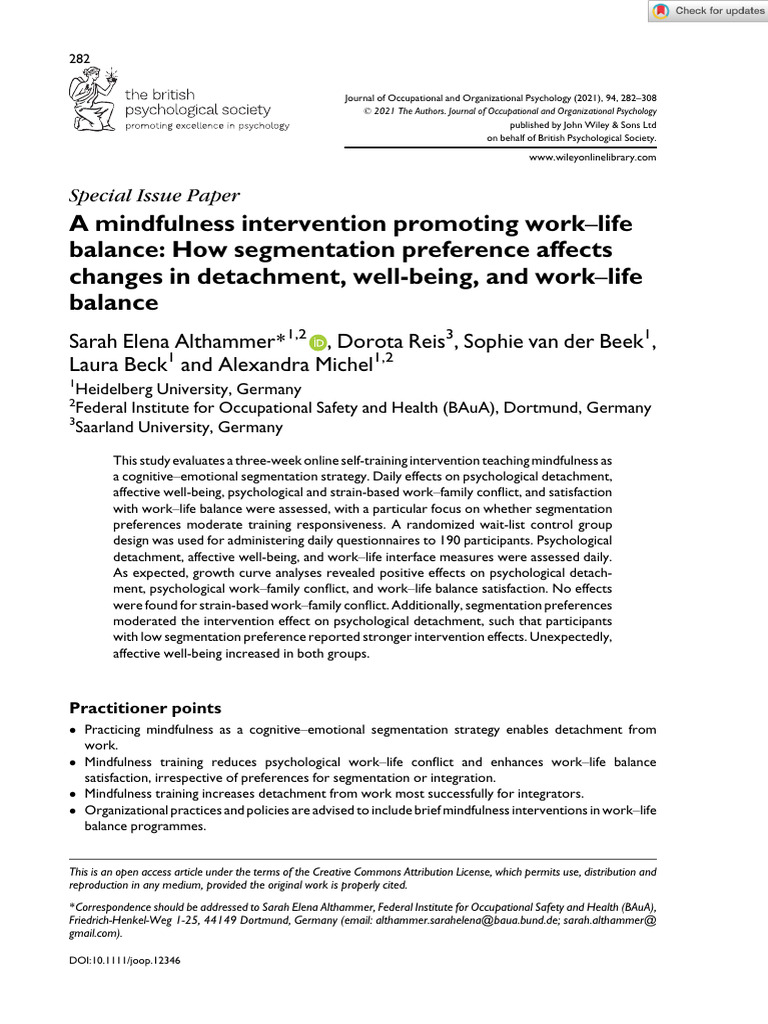 A Mindfulness Intervention Promoting Work Life Balance How Segmentation ...
