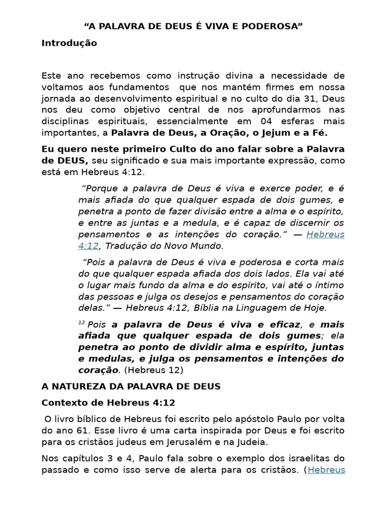 A Palavra de Deus Ã - Viva e Poderosa | PDF | Deus | Bíblia