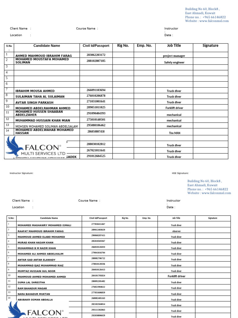 Falcon - Attendance Format | PDF | Motor Vehicle | Wheeled Vehicles