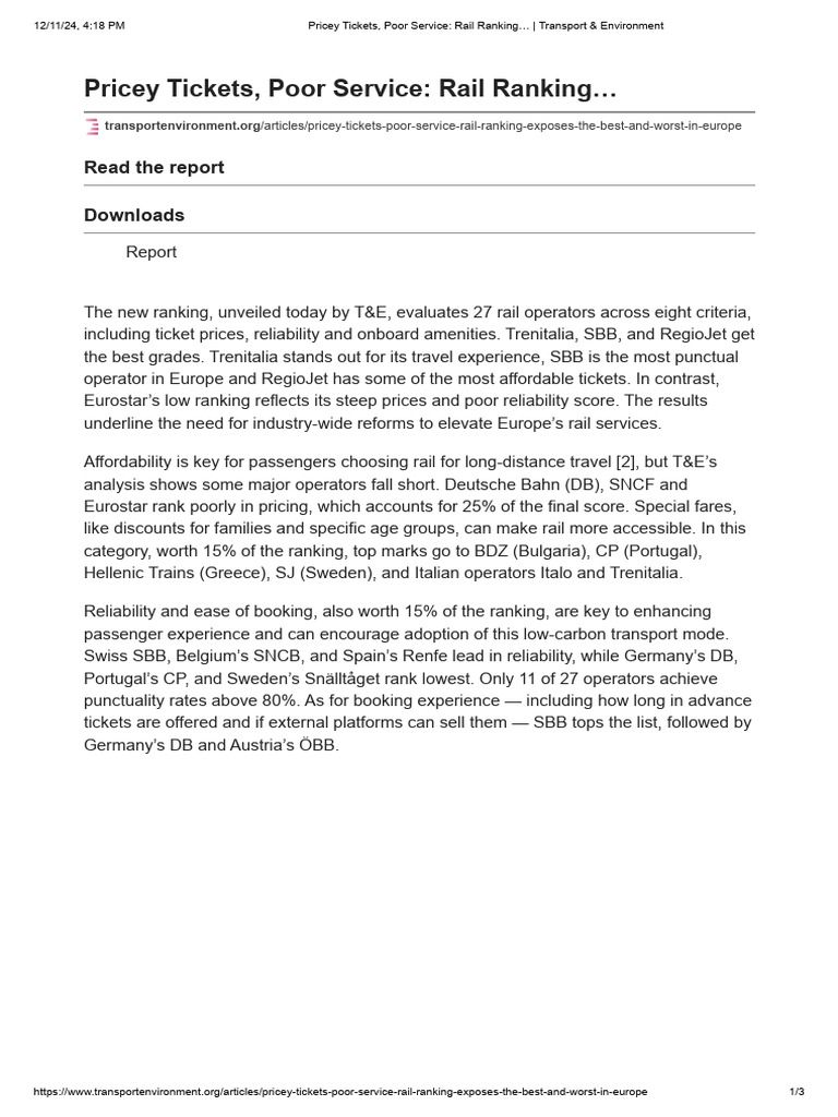 Pricey Tickets, Poor Service - Rail Ranking - Transport & Environment ...