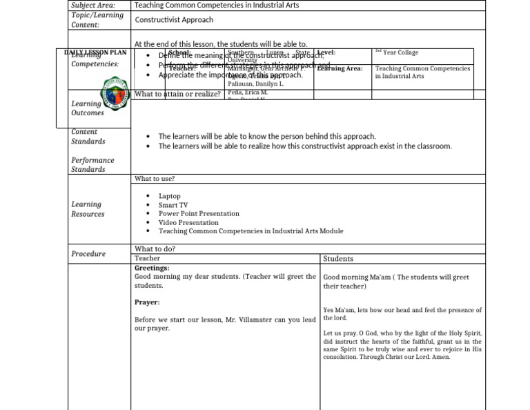 1daily lesson plan constructivist approach pdf lesson plan