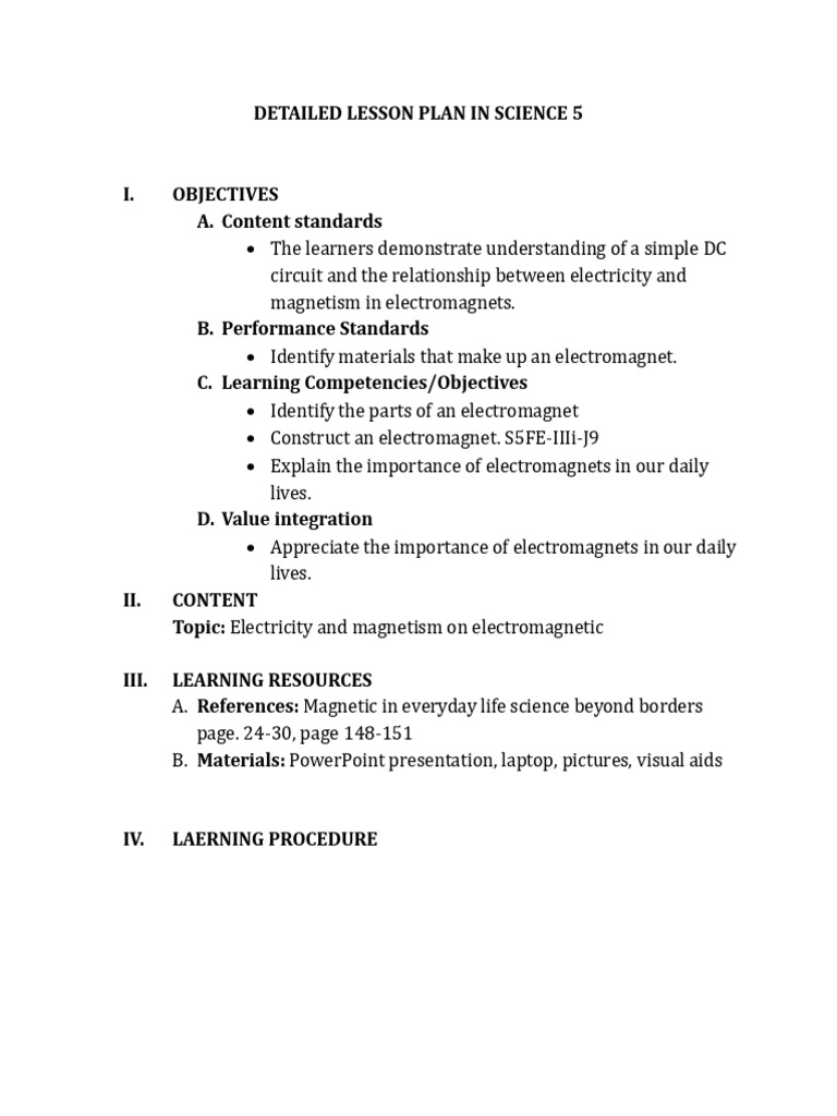 Electromagnet Lesson Plan for Grade 5 | PDF | Electromagnetism ...