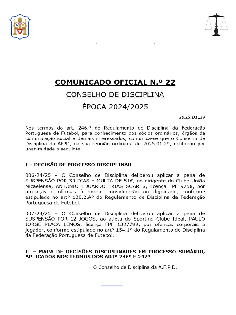 Decisões Disciplinares AFPD 2024/2025 | PDF | Futebol | Clubes de Futebol