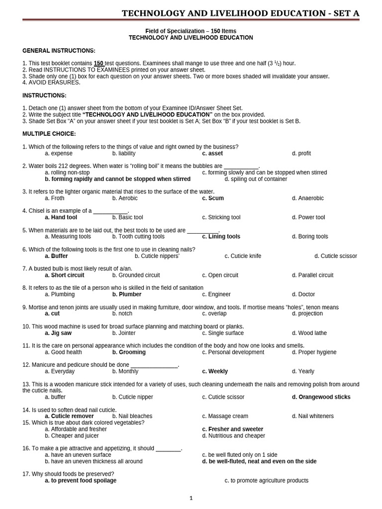TLE Exam Questions and Answer Key | PDF | Electricity