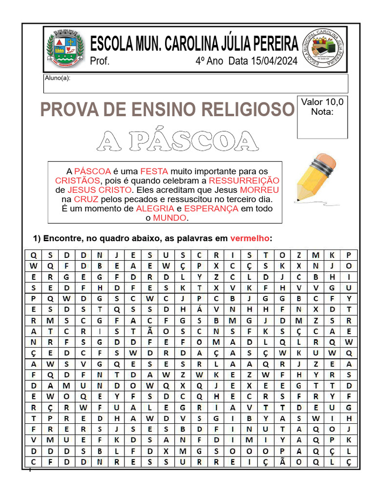 Prova de Ensino Religioso - 4º Ano | PDF