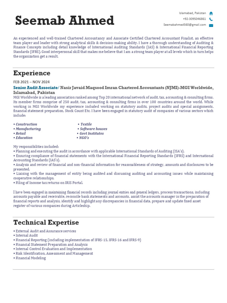 Seemab's CV | PDF | Audit | Accounting