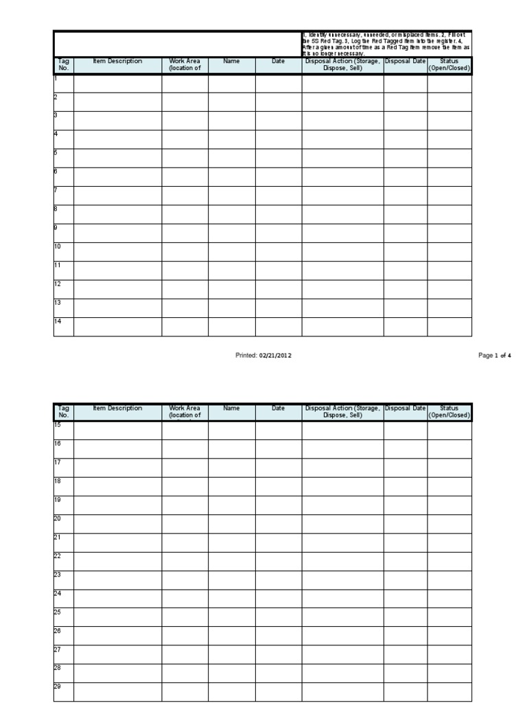 5S Red Tag Register Template | PDF | Computing And Information Technology